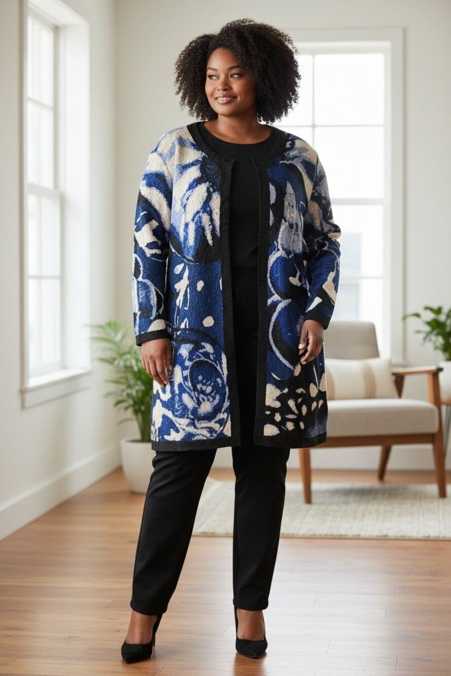 Chicos 4 Travelers textured blue white black abstract blazer jacket sz 20/22